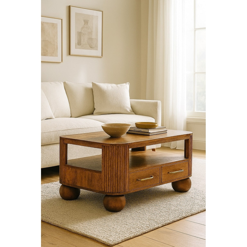 Artisan Furniture Solid Wood Briarwood Fluted Coffee Table, Brown, 2-Drawers, 1-Shelf