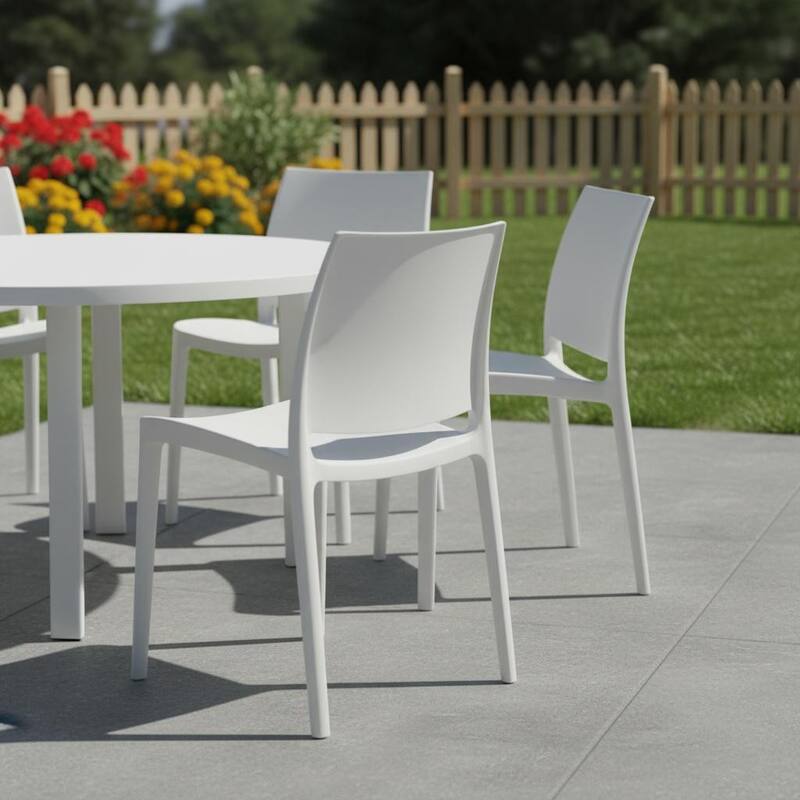 Set of Four White Heavy Duty Plastic Outdoor Stacking Dining Chairs - White