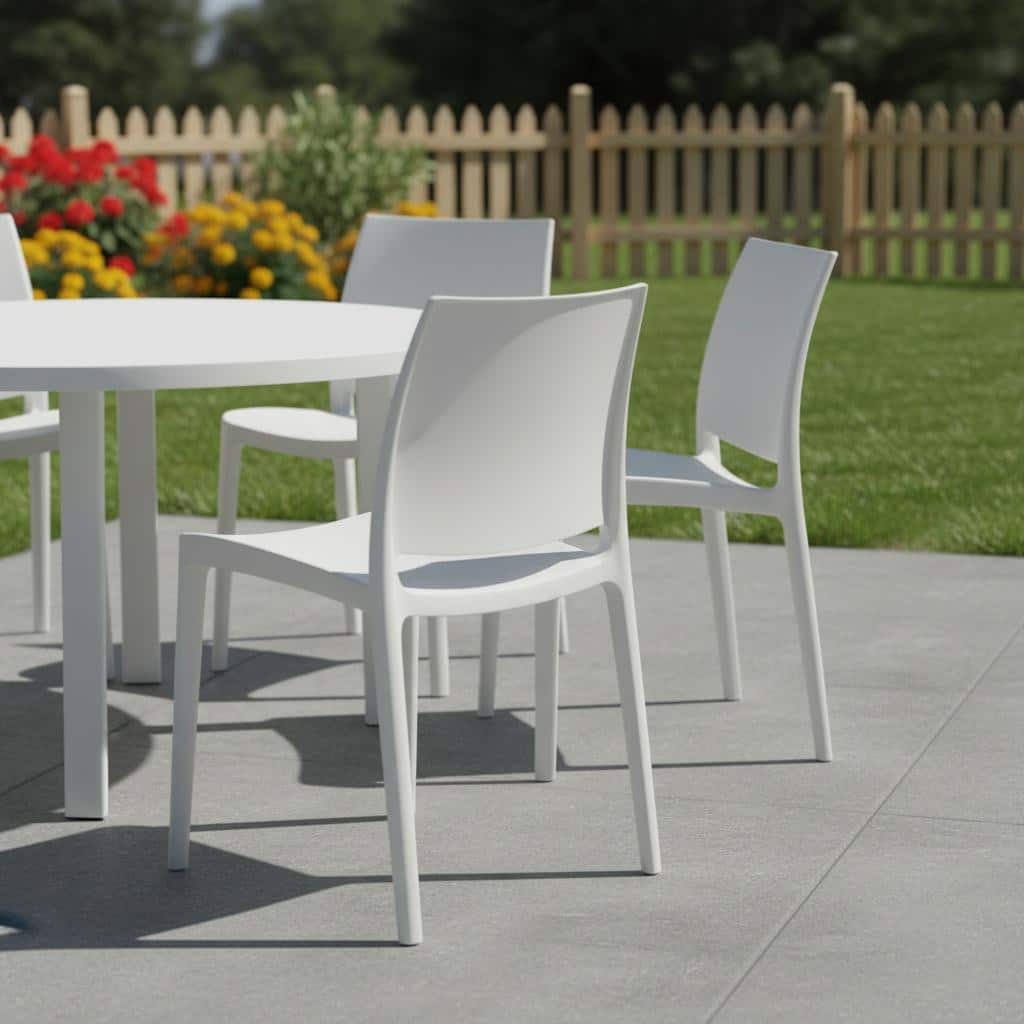 Set of Four White Heavy Duty Plastic Outdoor Stacking Dining Chairs