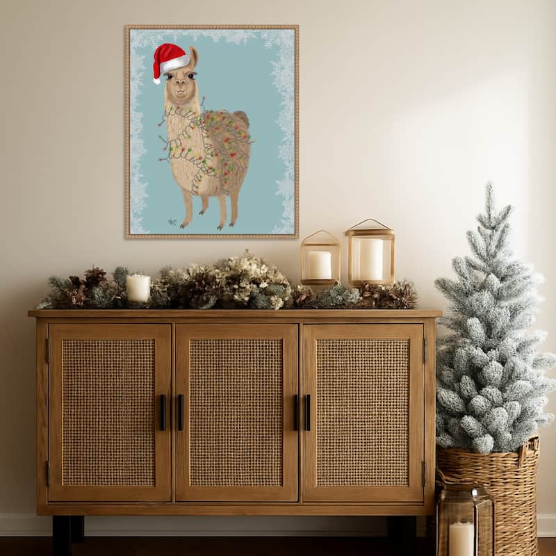 Llama Christmas Lights 2 by Fab Funky (23 x 28 in.), Framed Canvas Wall Art Print - Sylvie Beaded Rustic Natural