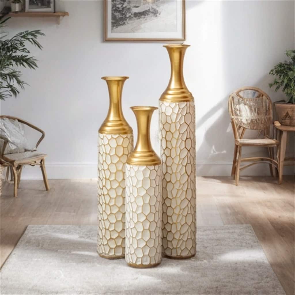 Decorated Floor Glazed Metal Vases (Set of 3)