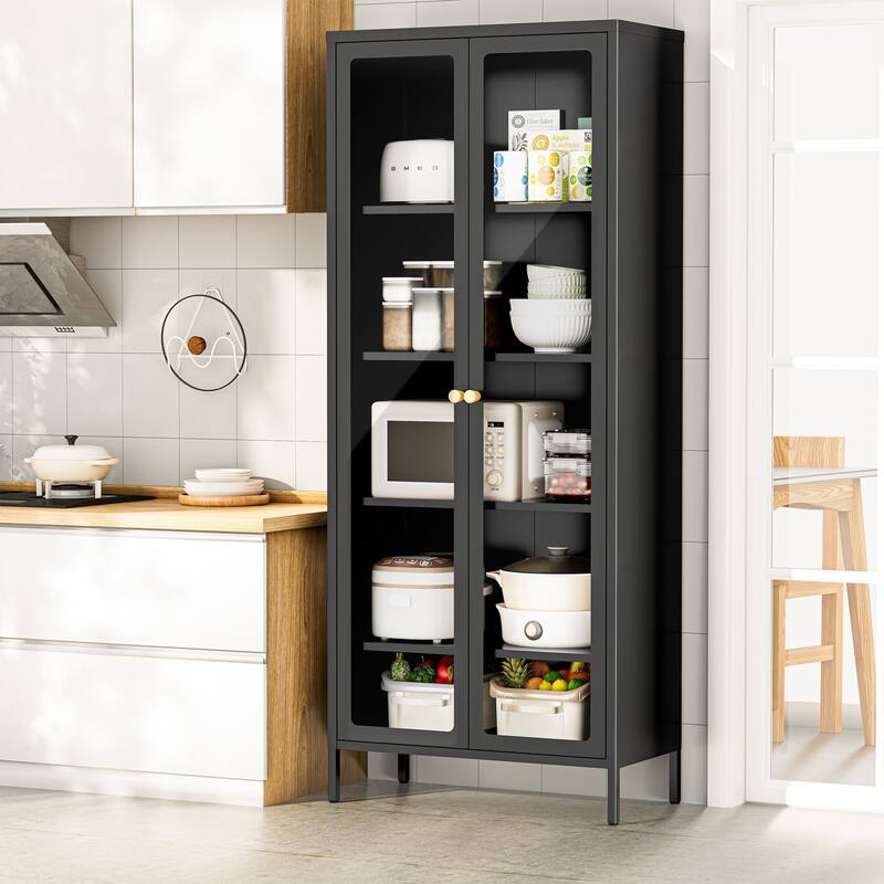 4/5-Tier Glass Curio Display Cabinet with Doors & Adjustable Storage Shelves