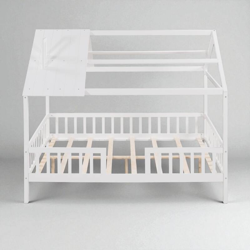 Full Size Wood House Bed Frame with Fence and Roof, Montessori-Inspired Kids Bed with Slats, No Box Spring Needed