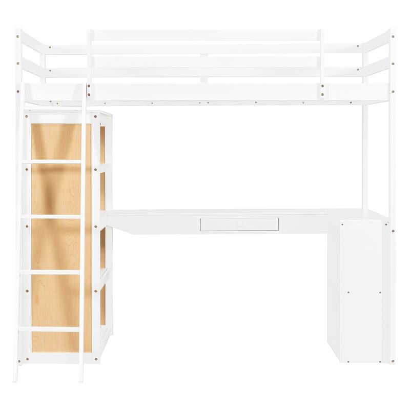Twin Size Loft Bed with Built-in Desk, Storage Shelves and Drawer