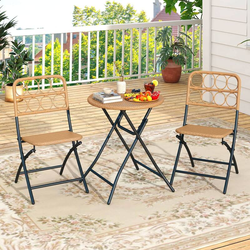 Costway 3 PCS Patio Bistro Set with Wicker Seat & Tabletop for - See Details - Light Brown