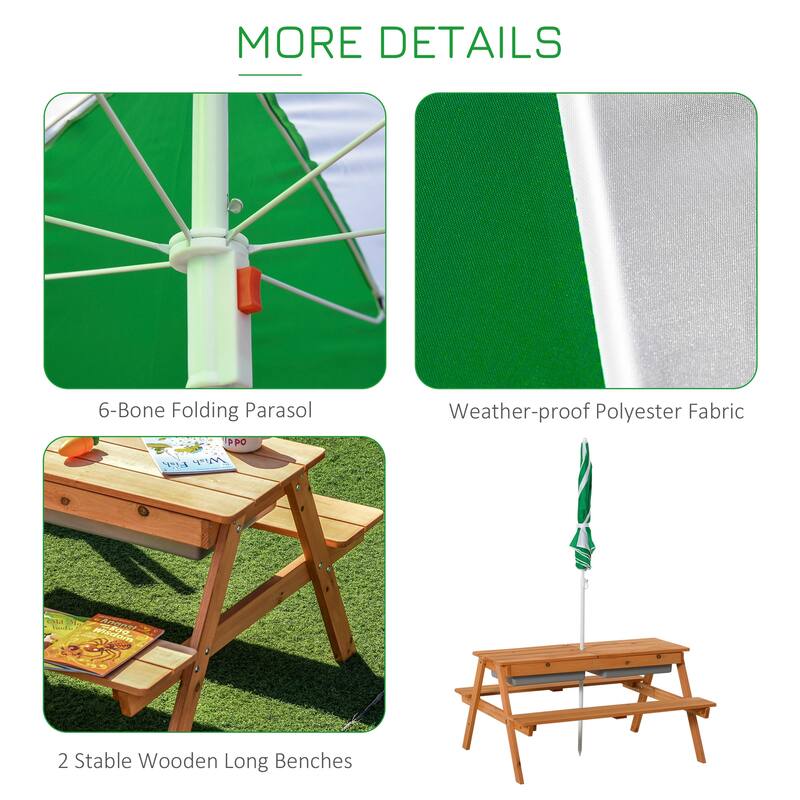 Kids Picnic Table with Umbrella and Storage Inside, Sand and Water Table, Kids Outdoor Furniture, Wooden Bench Backyard