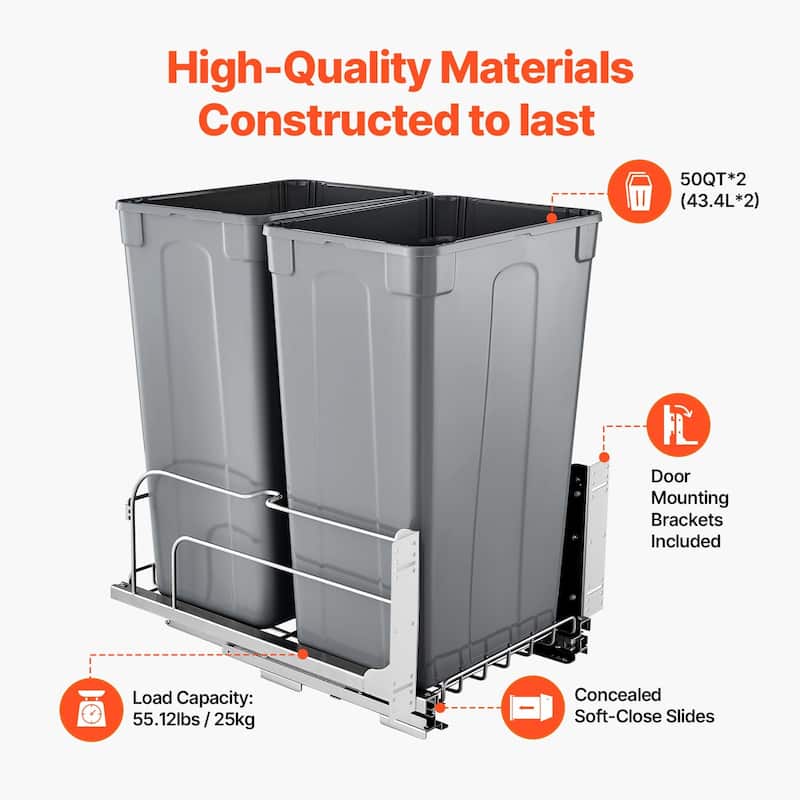 Under Cabinet Pullout Trash Bin with Soft Close System and Dual Bins