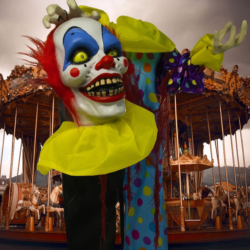 Haunted Hill Farm Life-Size Animatronic Talking Clown with Lights and Sound, Indoor or Covered Outdoor Halloween Decoration
