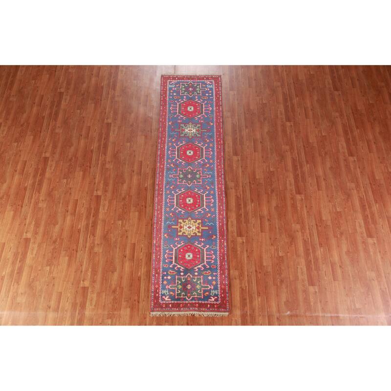 Hand Knotted Oriental 100% Wool Carpet Transitional Geometric Navy Blue & Blues Khotan Runner Rug - 9' 11'' X 2' 6''