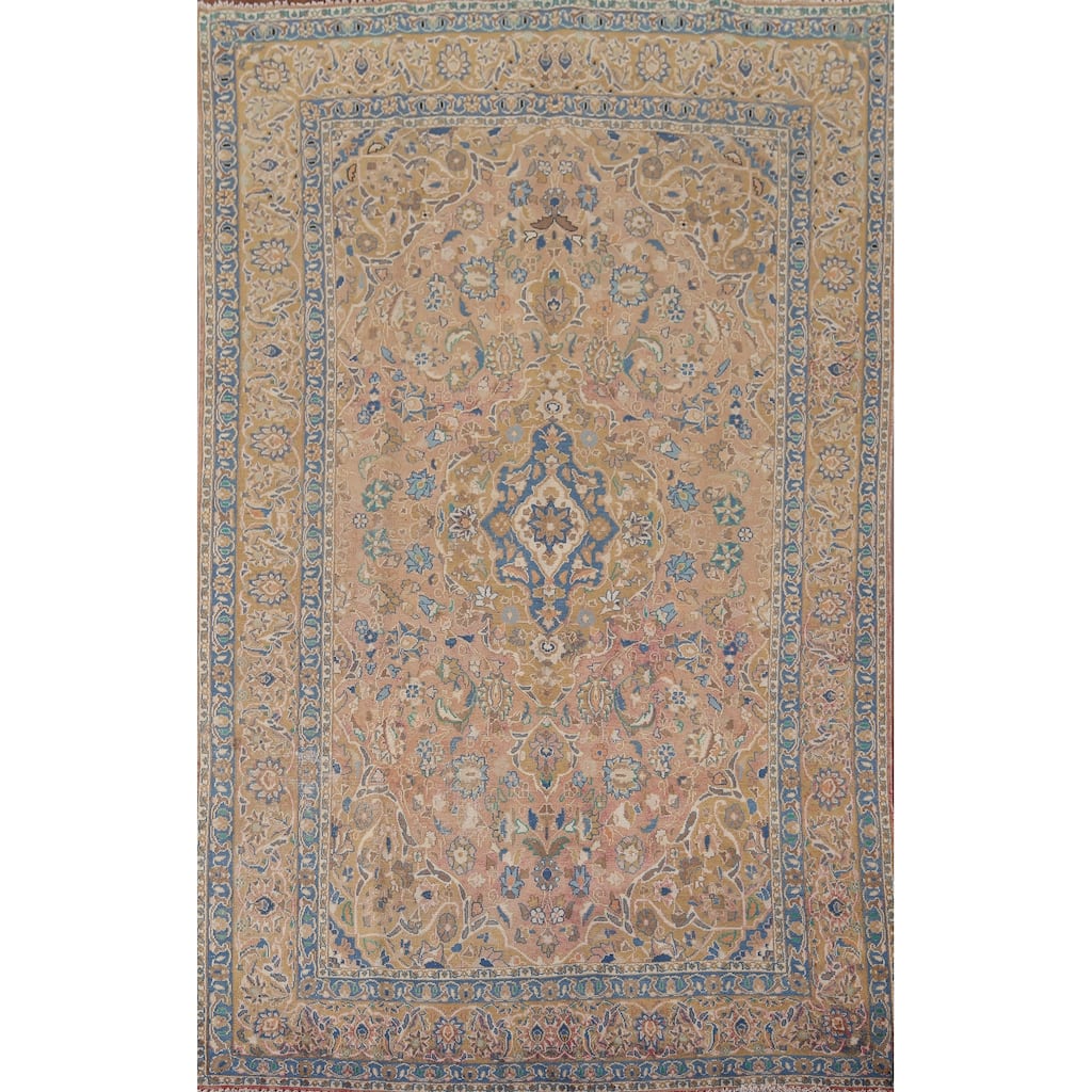 Floral Mashad Persian Vintage Area Rug Hand-Knotted Wool Carpet - 6'3" x 9'6"
