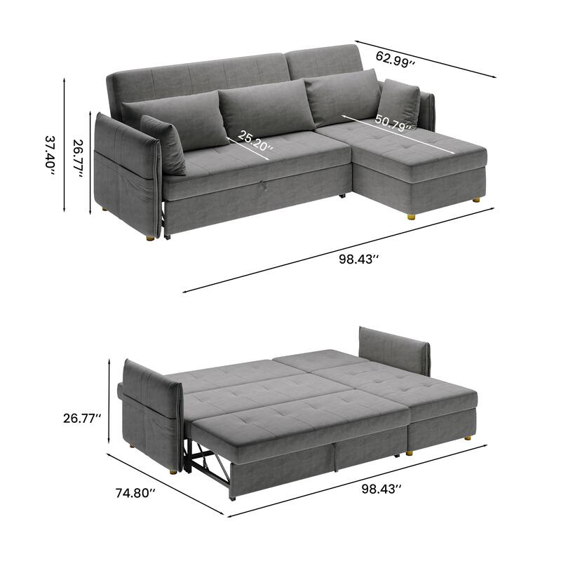 98.43" Modern Minimalist "L" Shape Sofa Bed，Anti-scratch and Water-proof, Solid Wood Frame