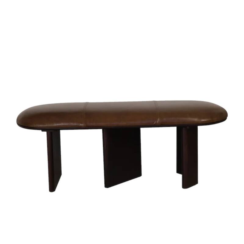 HomeRoots 48" Brown Genuine Leather and Solid Wood Upholstered Bench - 48.00 in. x 18.00 in. x 16.00 in.