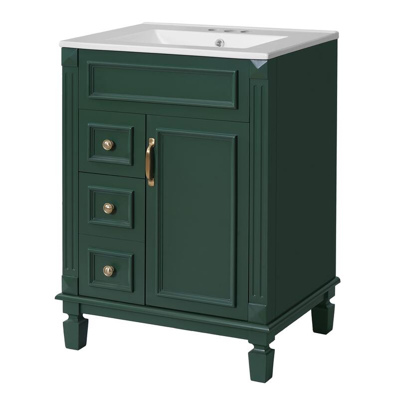 24" Bathroom Vanity With Ceramic Sink, Small Bathroom Sink Cabinet, Modern Cabinet With 2 Drawers And Adjustable Shelf
