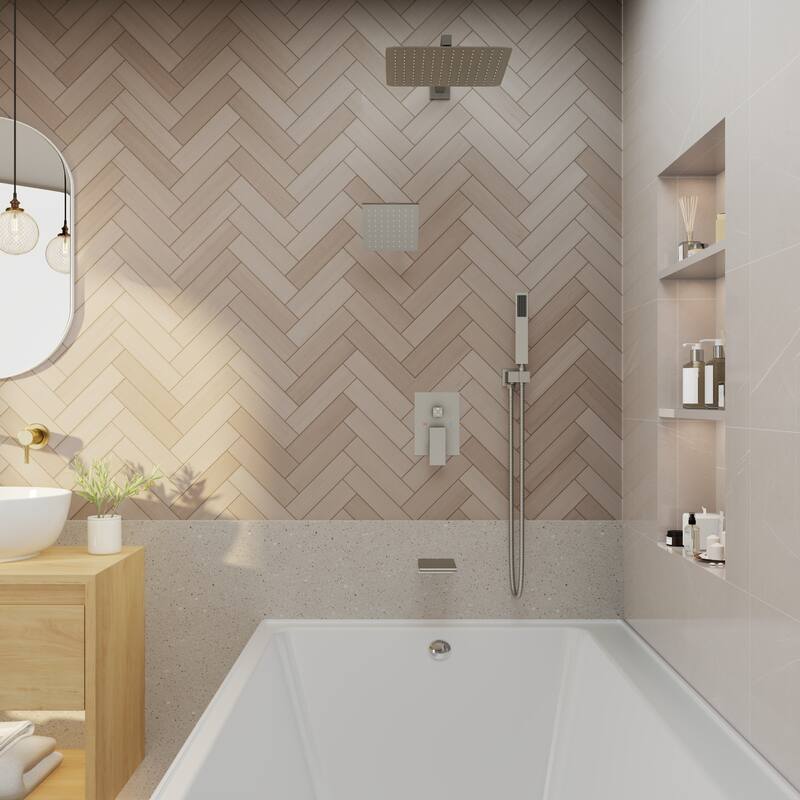 4-Spray Wall Mount 12 and 6 in. Dual Fixed and Handheld Shower Head with Waterfall Tub Spout (Valve Included) - 12" x 12"