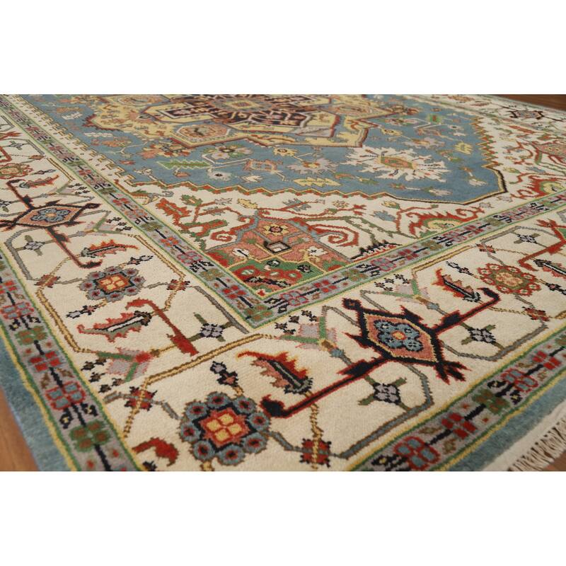 Hand Knotted Oriental 100% Wool Carpet Traditional Medallion Navy Blue & Blues Heriz (serapi) Area Rug - 11' 10'' X 8' 9''