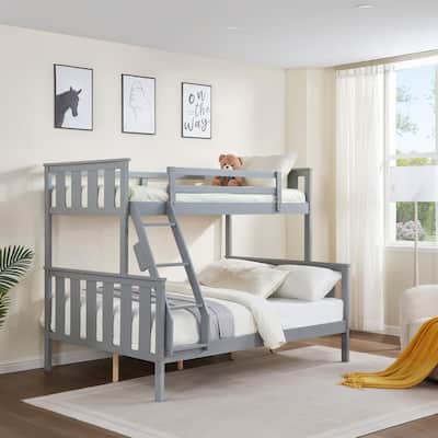 Twin Over Full Bunk Bed, Solid Wood Frame, Ladder, Slats,No Box Spring