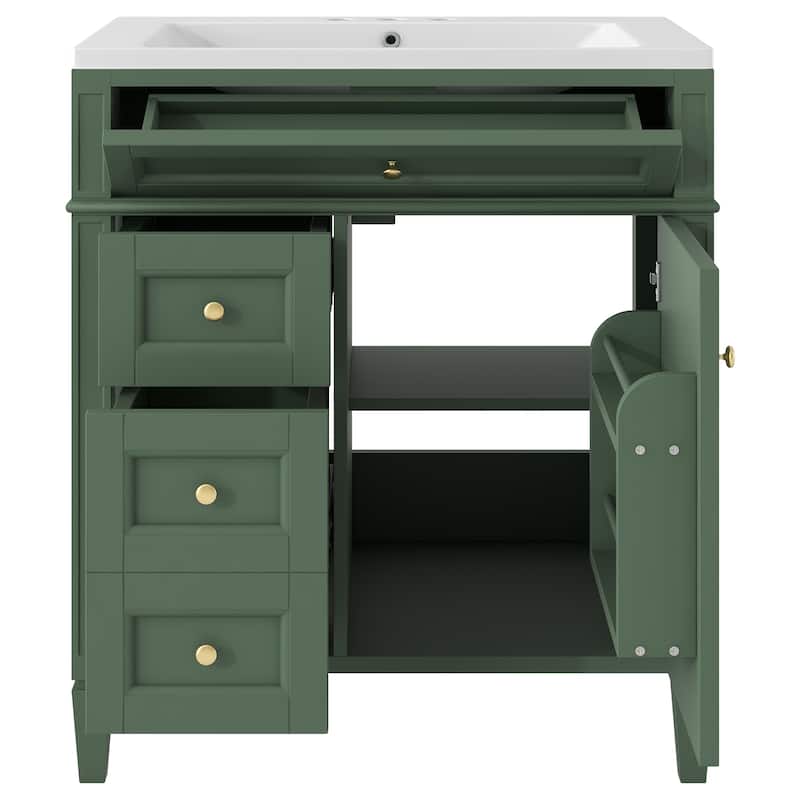 Roomfitters 30" Vanity with Sink, Cabinet with 2 Drawers and Tip-out Tray, Set with Mirror Cabinet, Freestanding Design