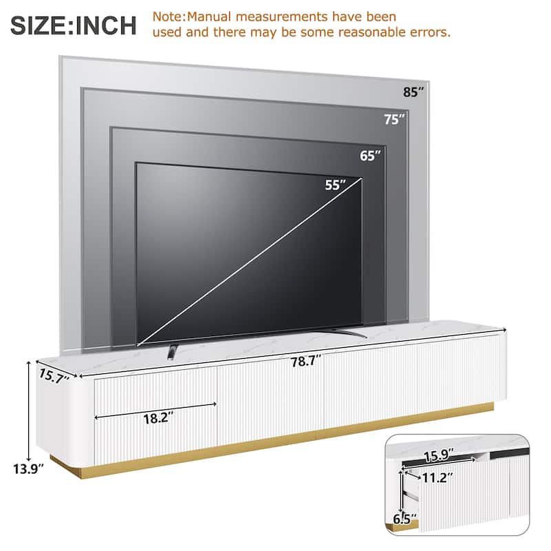 Luxury TV Stand for 85" TVs - Fluted Design, Faux Marble, 4 Drawers, Gold Base, Modern Console