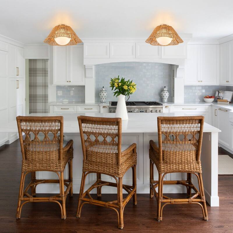 17.9'' Frosted Glass Natural Rattan Semi Flush Mount 1-Light