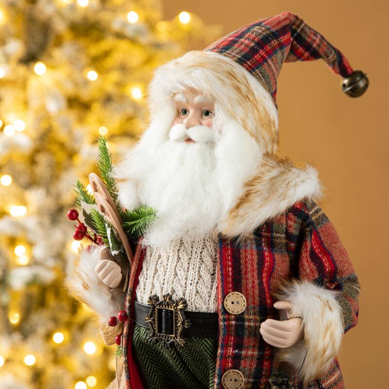 Glitzhome 18"H Faux Fur Christmas Santa Figurines with Porcelain Face