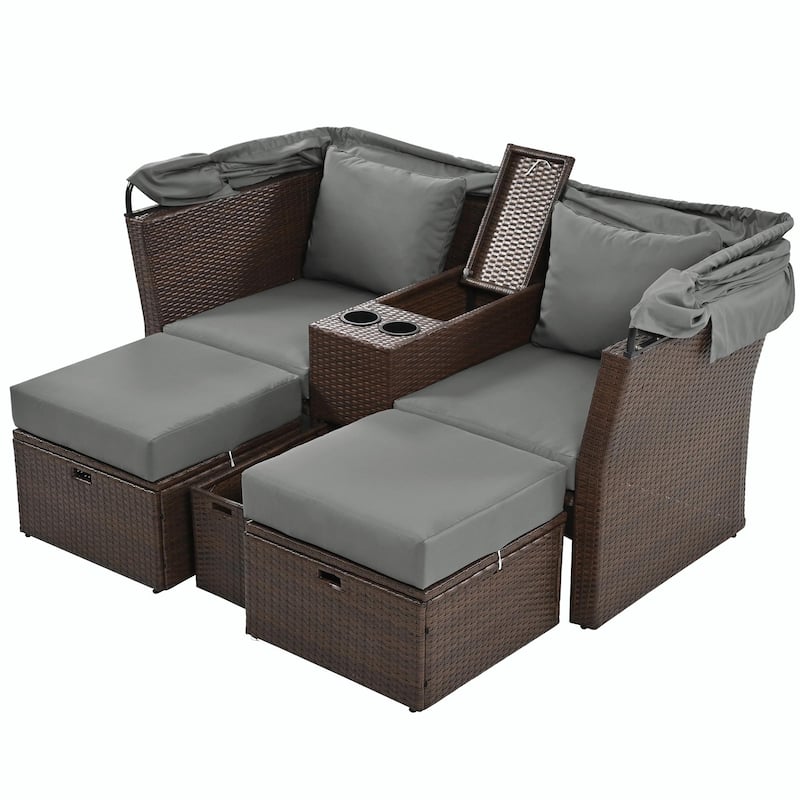 Outdoor Patio Loveseat Sofa Set with Foldable Awning