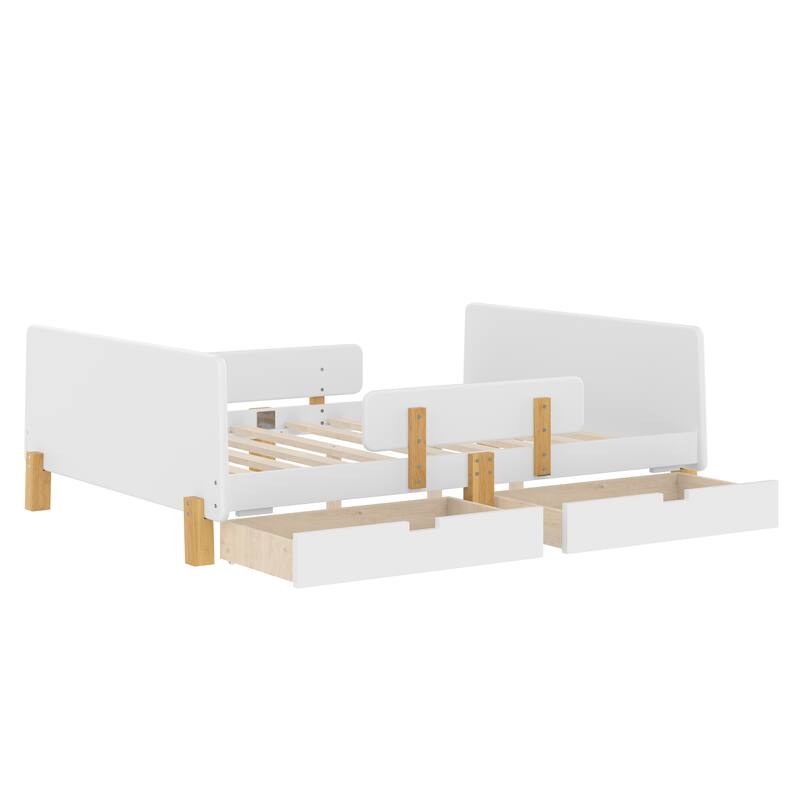Roomfitters Platform Bed with Storage Drawers and Shelf, Solid Wood Frame with Hooks and Guardrails