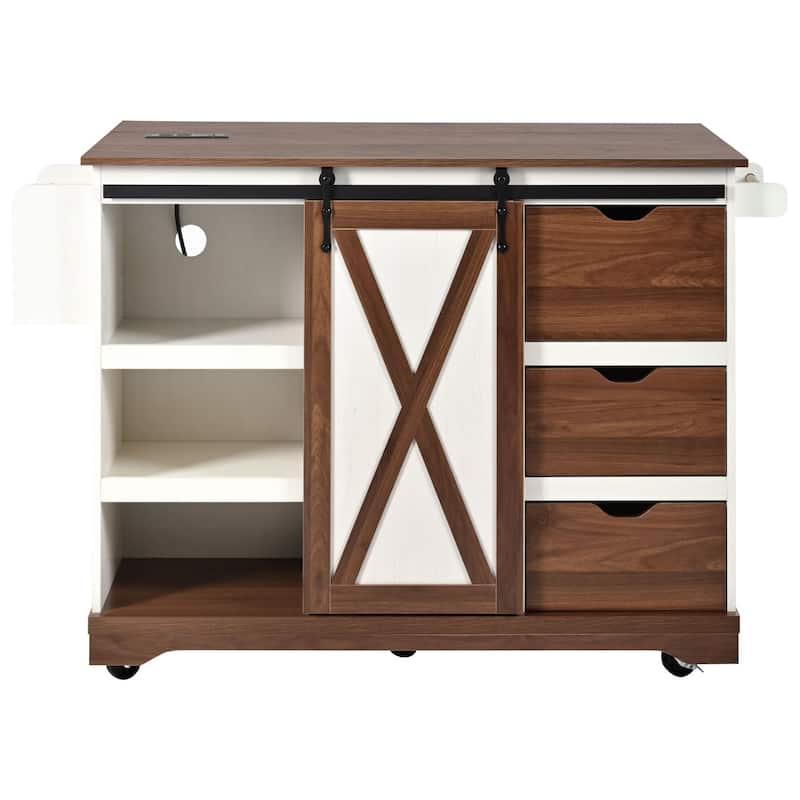 Drop Leaf Dining Table, Rolling Kitchen Island with Sliding Barn Door, Kitchen Cabinet with Built-In Charging Station
