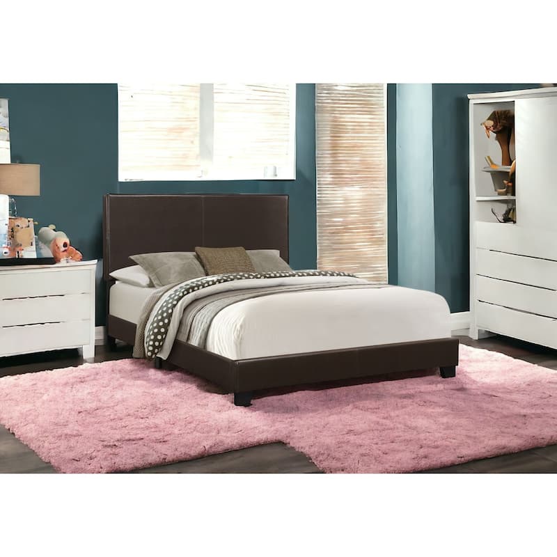 Brown White Faux Leather Queen Bed with Wood Frame and Upholstered Headboard