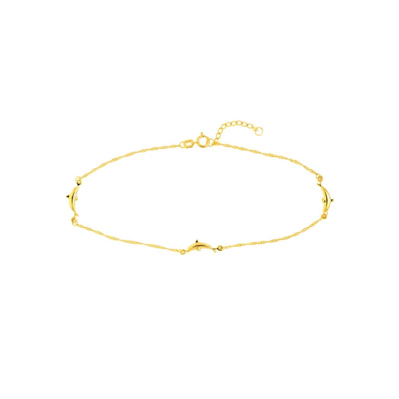 Curata 14k Yellow Gold Adjustable Dolphin Station Twist Singapore Chain 10-inch Anklet