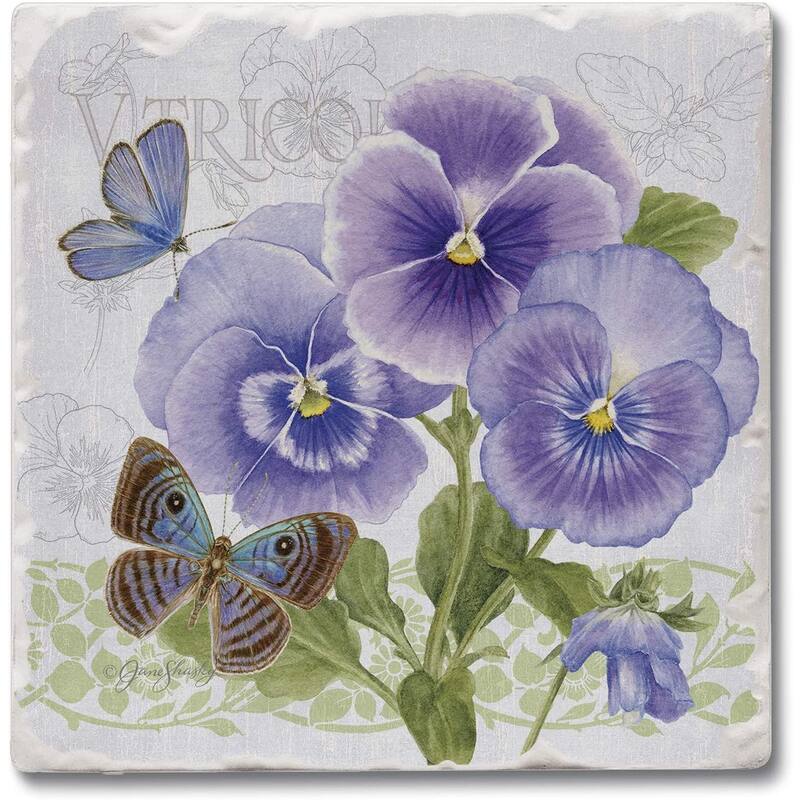 Absorbent Stone Beverage Coasters - Set of 4 - Purple Pansies - Multi-148