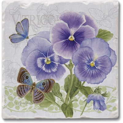 Absorbent Stone Beverage Coasters - Set of 4 - Purple Pansies - Multi-148