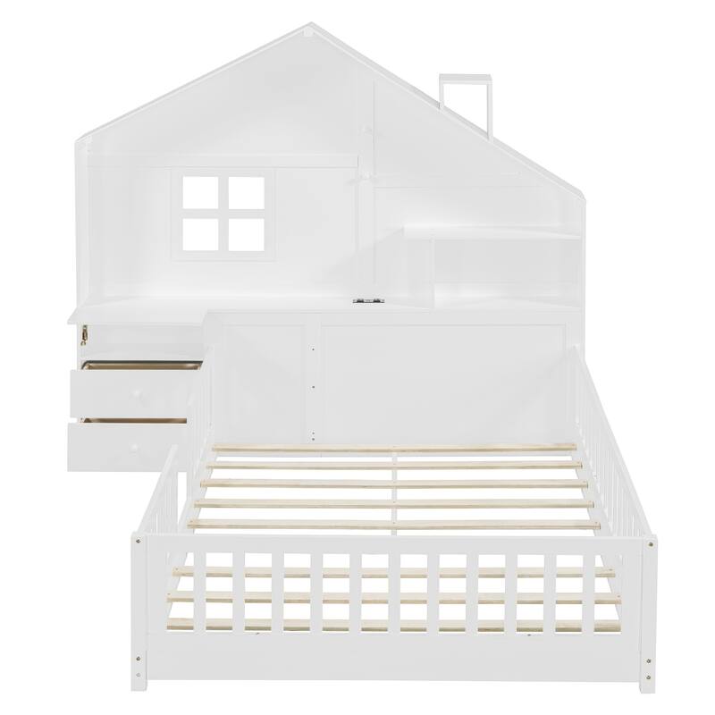 Full Size House Bed with Window, Bedside Storage Drawers, USB Ports & Shelves, Stylish & Functional Platform Bed