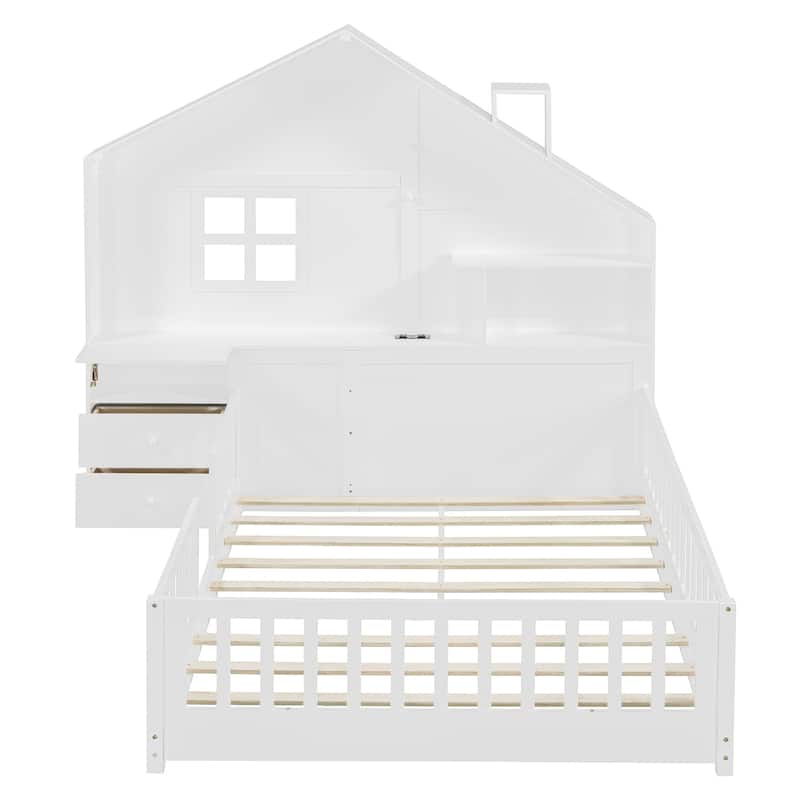 Roomfitters Twin/Full Size House Bed with Shelves, USB Port, Window Design and Side Compartments, White