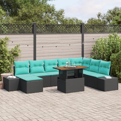 vidaXL 9 Piece Garden Sofa Set with Cushions Black Poly Rattan - 125.6×60.6×27.2