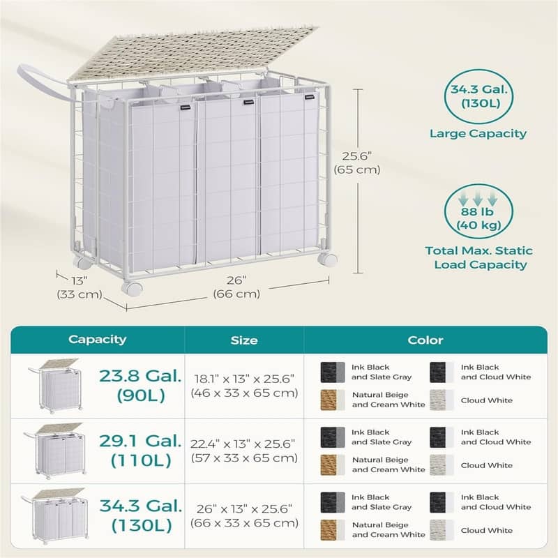 130L Laundry Basket with Lid - 26"L x 13"W x 25.6"H