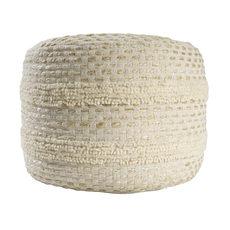 18" Natural and Ivory Cotton Blend Round Striped Pouf Ottoman