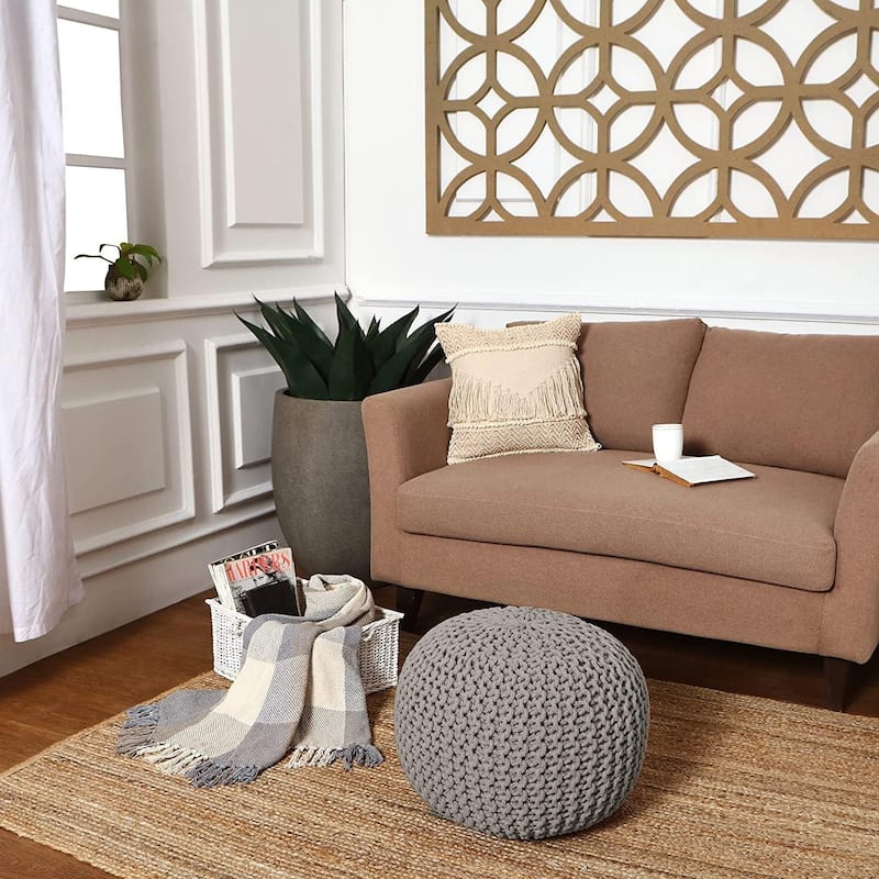 Hand Knitted Pouf Cotton Braided Cord Cable Ottoman - Foot Stool - Accent Seat Furniture Bean Bag - Living Room Kids - 18x18x14 - Light Grey