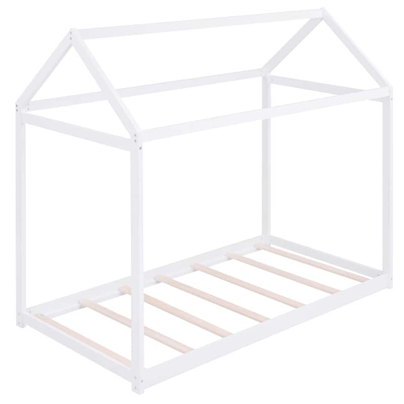 Solid Pinewood Twin Size House Shaped Floor Bed Frame with Roof Design