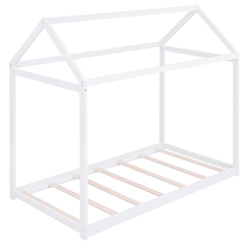 Twin Size Wooden House Bed Frame for Kids, Low Height, Easy Assembly, White