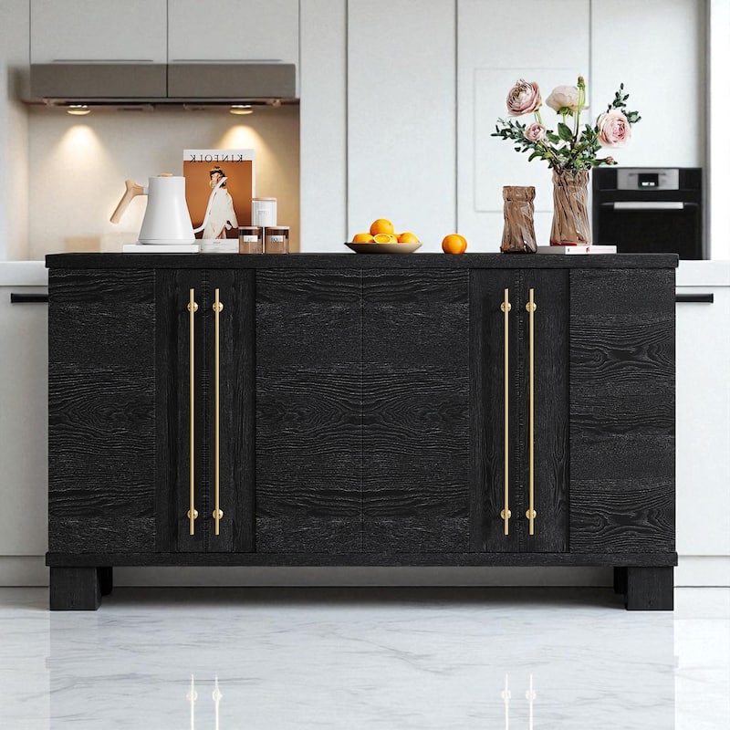 Traditional Wood Sideboard Buffet Cabinet with Adjustable Shelves and Gold Handles for Kitchen and Dining Room - Black