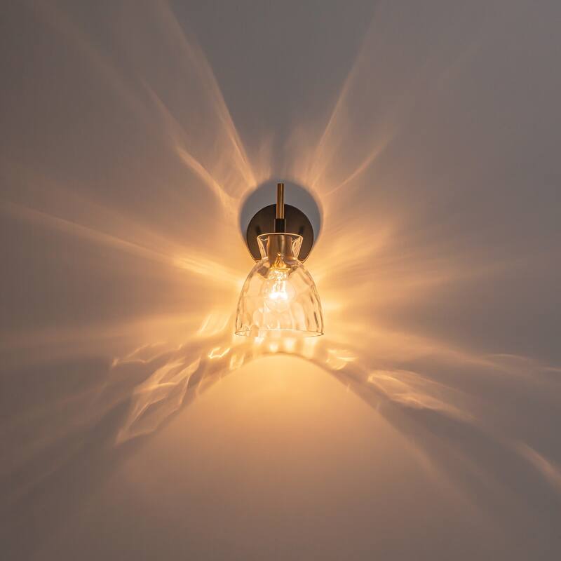 1-Light/3-Light Matte Black and Antique Brass Bathroom Vanity Light with Water-Rippled Glass Shade