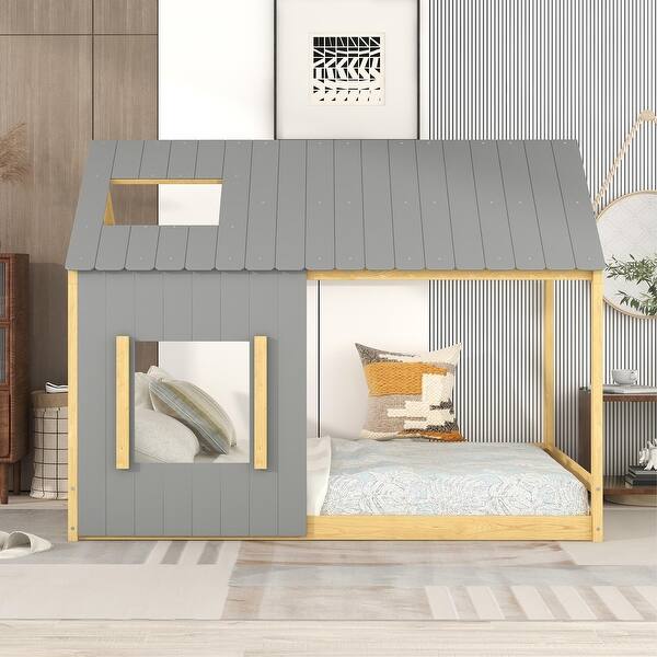 slide 2 of 54, Full House Bed with Open Roof and Sturdy Wood Frame, Customizable Decor Natural - Full