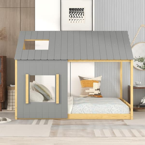 slide 2 of 9, Minimal Design Full House Bed with Roof & Window - Functional Furniture
