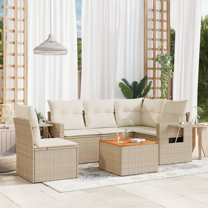 vidaXL 6 Piece Patio Sofa Set with Cushions Beige Poly Rattan - 24.4" x 24.4" x 27.2" - Beige