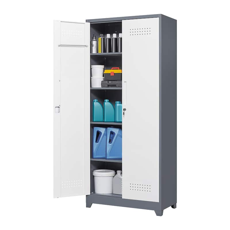Metal Cleaning Tool Cabinets With Locking Doors, High Broom Tool Storage Cabinets, Adjustable Shelves