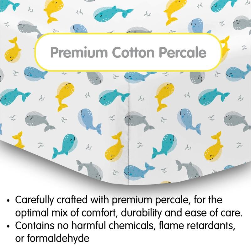BreathableBaby Cotton Percale Fitted Sheet, For 52" x 28"/132 x 71 cm Crib & Toddler Bed Mattress, Prints (2-Pack)