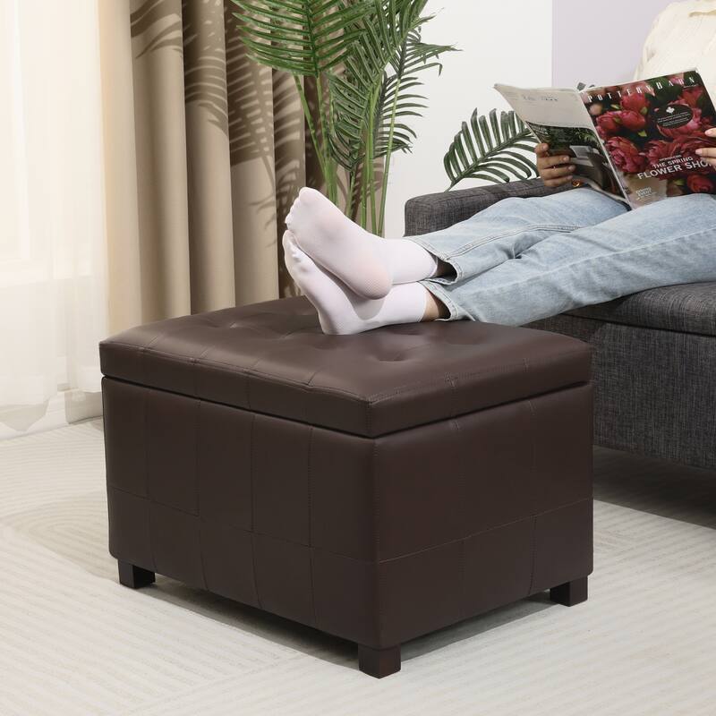 Adeco 24'' Faux Leather Storage Ottoman Bench with Tufted Top