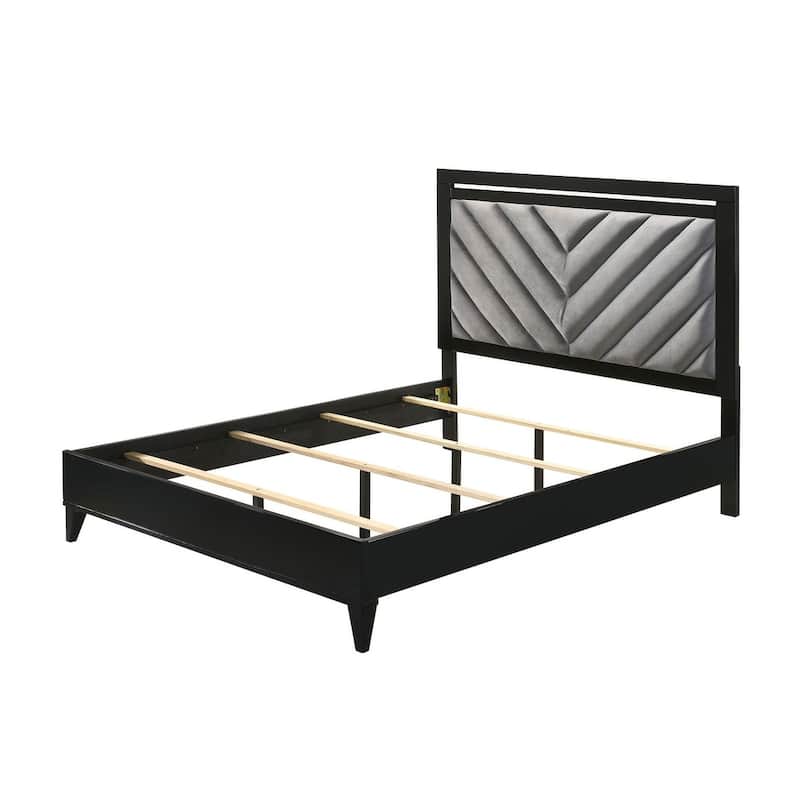 Gray Fabric & Black Finish Queen Bed - Contemporary Style, Channel-Tufted Headboard, Silver Trim, Box Spring Required