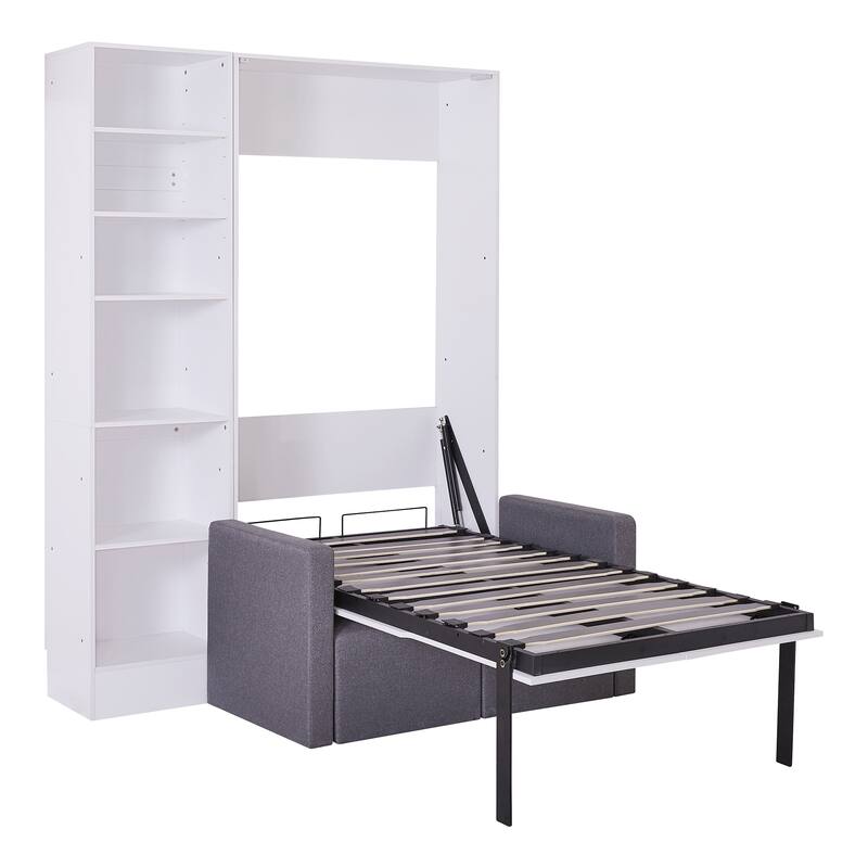 Twin Size Murphy Bed with Sofa and Shelves, White