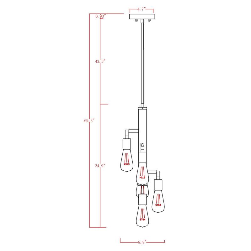 Abrome Matte Black and Wood Grain Finish 5-Light Pendant Ceiling Light